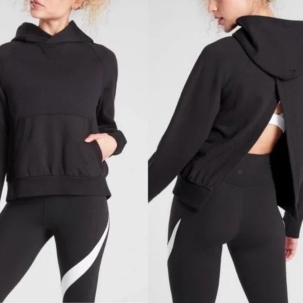 Athleta moonrise open back black hoodie hood sweater Small 100% cotton